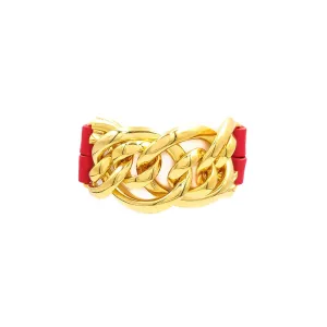 Pulseira de Couro Duplo com Correntaria Banhado a Ouro 18k