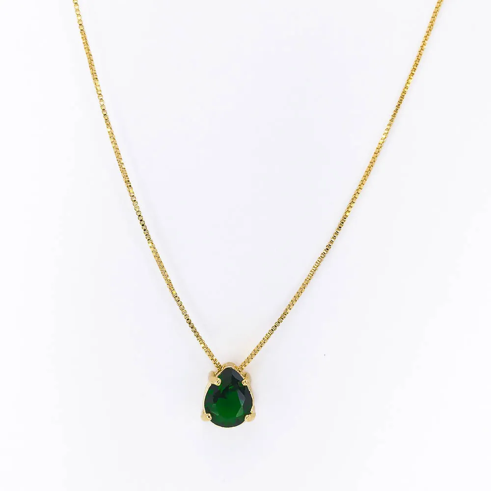 Colar Gota Zircônia Verde Esmeralda Banhado a Ouro 18k